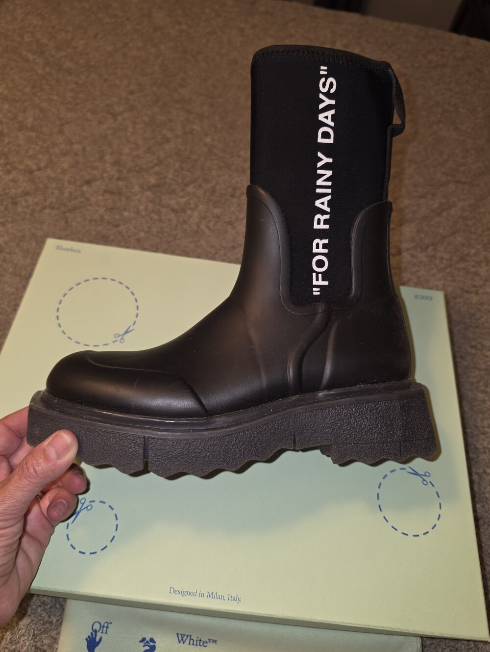 Off-White Black Rubber Chelsea Rain Boot with 'FOR RAINY DAYS' Text